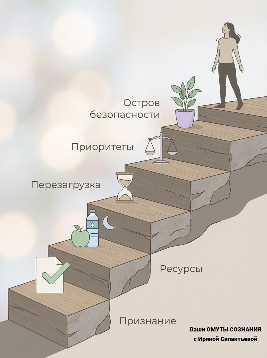 Эти пять шагов работают как система:

Признание снимает внутреннее сопротивление.
Ресурсы восстанавливают физиологическую базу.
Перезагрузка учит регулировать эмоции.
Приоритеты снижают когнитивную нагрузку.
«Остров безопасности» создаёт устойчивую точку опоры.
Вместе они формируют новый паттерн: «Я могу заботиться о себе — и это работает».