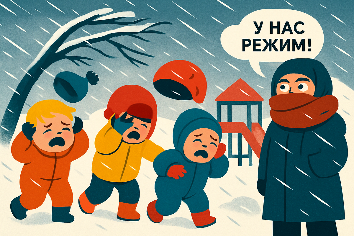 Прогулка на выживание: метель, штормовое предупреждение, а дети гуляют в саду! Воспитатель следует инструкции, дети — замерзают.