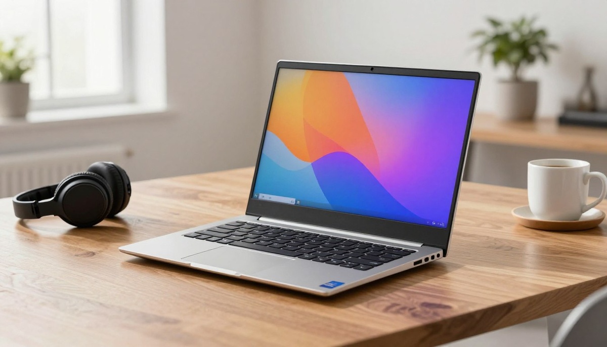 Ноутбук Lenovo IdeaPad Slim 3 изящно расположился на современном деревянном столе в светлом и просторном офисе. Устройство оснащено 15,6-дюймовым IPS-дисплеем с разрешением Full HD. Экран открыт, и на нём видны яркие цвета в мягком естественном свете, проникающем из ближайшего окна. Поверхность ноутбука выполнена из матового металла, что отражает его современный дизайн. На заднем плане гармонично сочетаются растения в горшках и минималистичный декор, создающие профессиональную атмосферу. Рядом с ноутбуком лежат стильные шумоподавляющие наушники и умная кружка для кофе, что говорит о сосредоточенной работе. Эта сцена передаёт ощущение продуктивности и инноваций. Акцент сделан на передовых технологиях и элегантном дизайне ноутбука. Съёмка выполнена на комфортном уровне, чтобы подчеркнуть особенности устройства. Мягкое освещение создаёт тёплую профессиональную атмосферу.