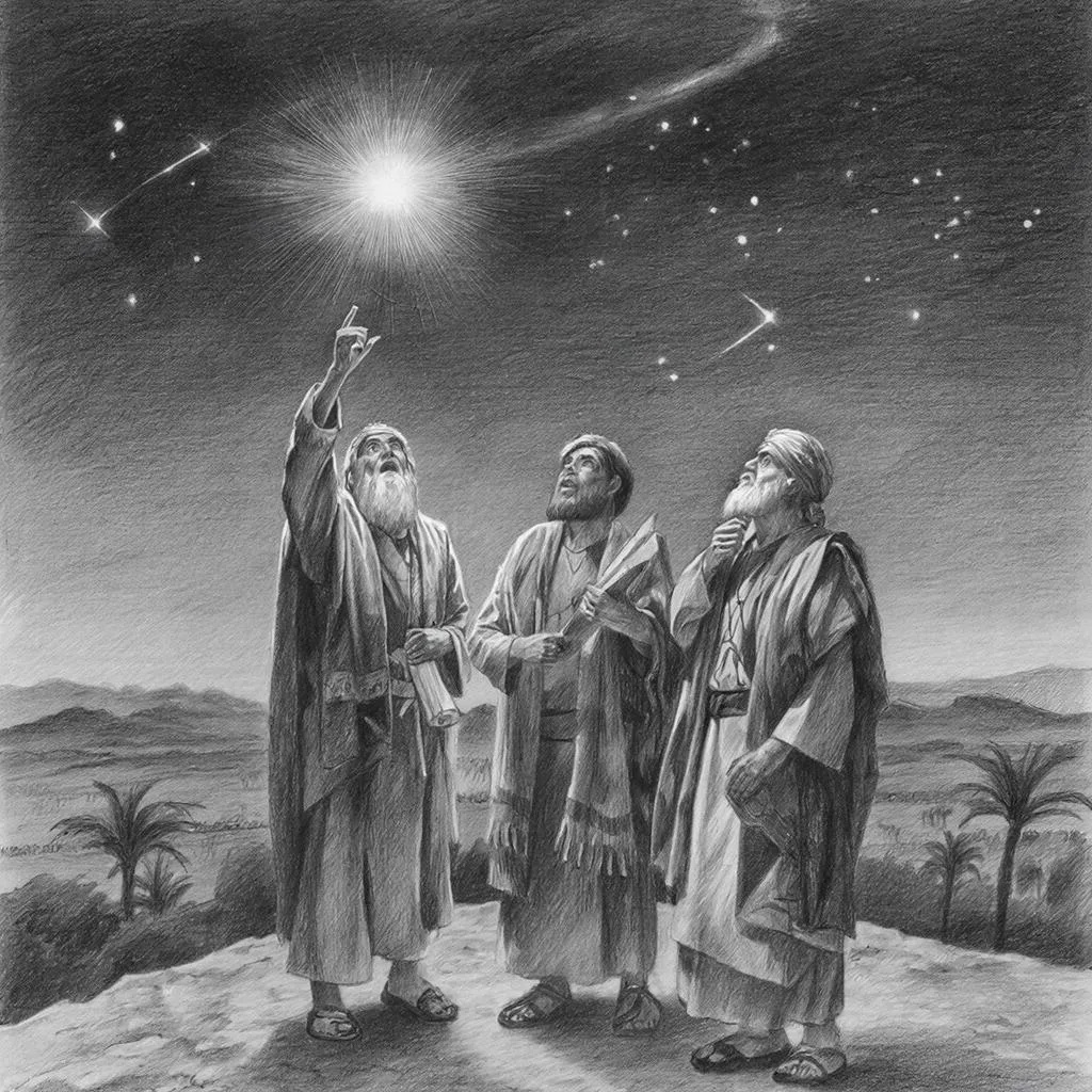 Мелхиор, Гаспар и Валтасар, первыми заметившие появление Вифлеемской звёзды. Совместное творчество автора и нейросети GigaChat.