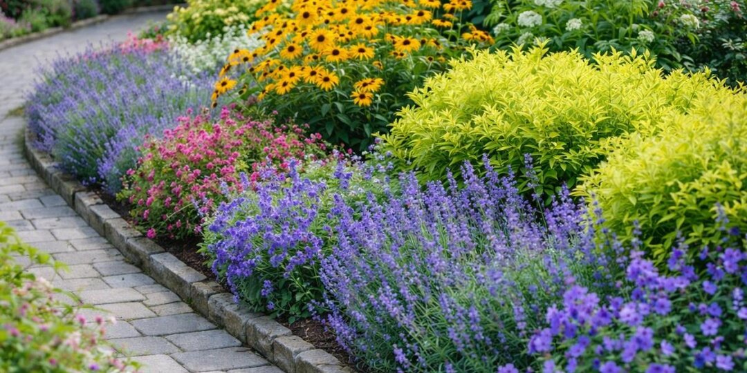 Многолетники формируют чёткий бордюр вдоль садовых дорожек