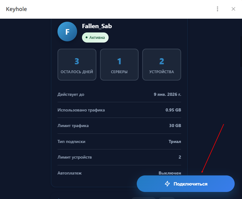После подлючения пробного периода или покупки тарифа нажать на кнопку подключиться