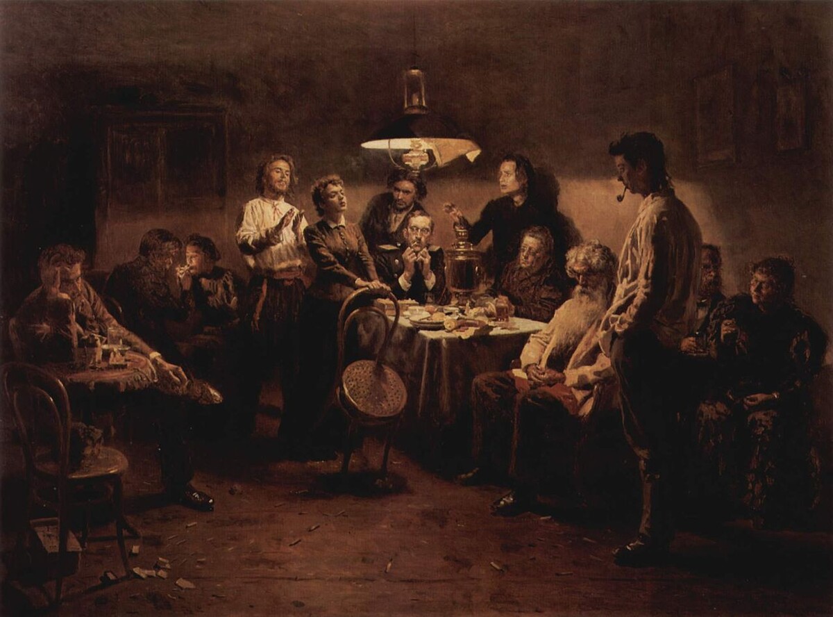 Картина В. Е. Маковского «Вечеринка» (1897). На картине изображены представители «трех поколений русской интеллигенции», обсуждающие насущные вопросы.