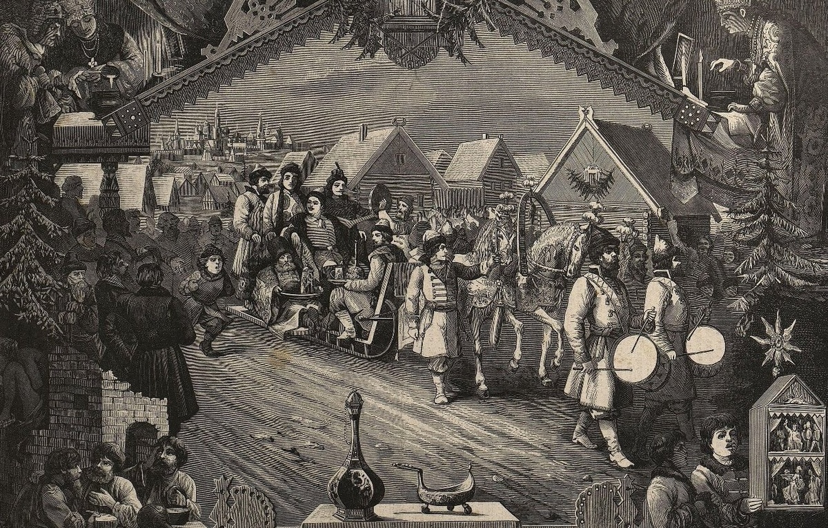    Гравюра П.С. Загорского "Святки и славленье Христа при Петре Великом"  Из собрания Исторического музея