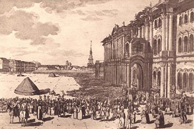    Фото-тинто-гравюра "Вид Дворцовой площади перед Зимним дворцом, с приготовленными жареными быками, покрытыми кумачом и фонтаном для вина при Екатерине II"   
Госкаталог/"Музей "Невская застава"