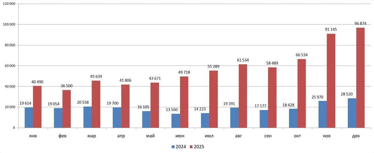    Российский турпоток во Вьетнам по месяцам, 2024 и 2025 годы, количество визитов. Источник: Аналитическая служба АТОР, на основе данных VNAT