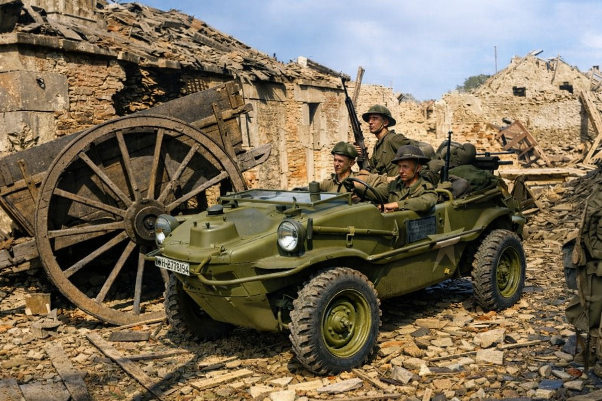 Канадские солдаты Южно-Саскачеванского полка едут в захваченном немецком плавающем автомобиле Schwimmwagen, Рокканкур,11 августа 1944 года