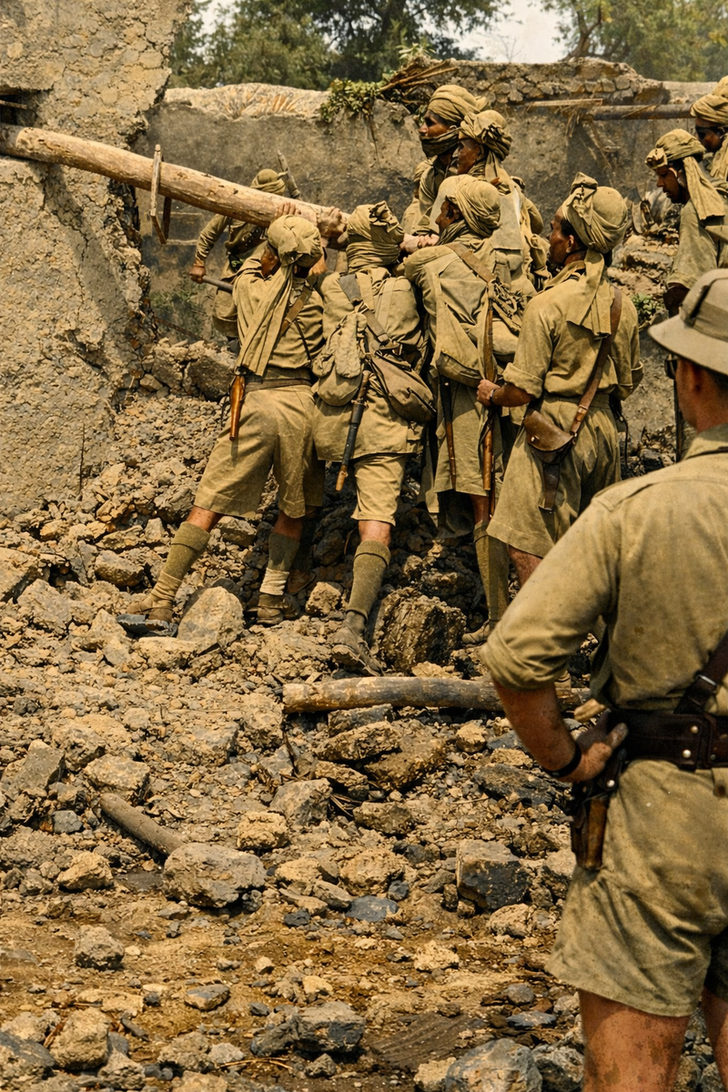 Разведчики Точи в сопровождении двух офицеров-саперов разрушают штаб-квартиру Ипи (борца за свободу), врага Британской имперской Индии, 1936