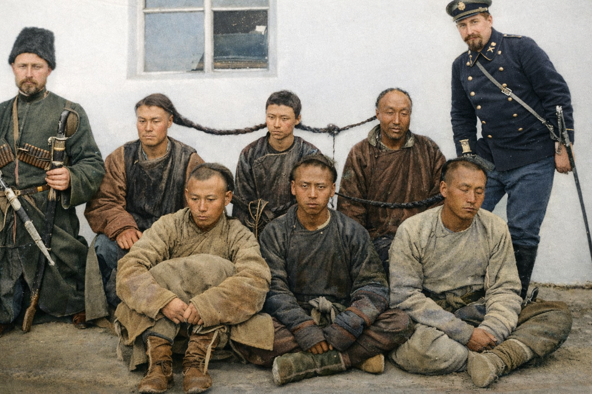 Российские охранники Китайско-Восточной железной дороги с группой арестованных маньчжурских хунхуцзы, 1900