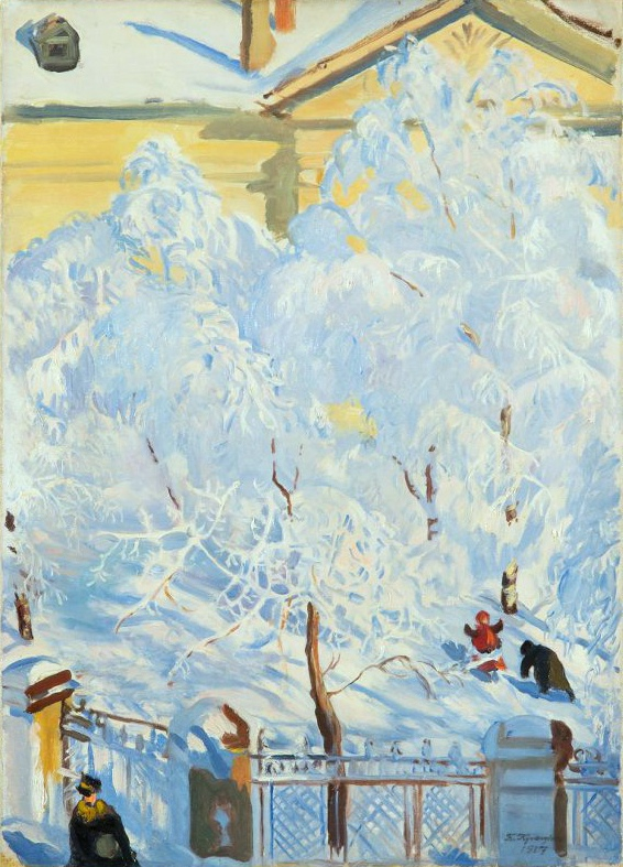 "Иней", 1917 год. Холст, масло 63 x 45,5 см. Государственный Русский музей, Санкт-Петербург. Кустодиев Борис Михайлович