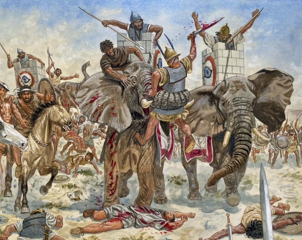 На иллюстрации показан описанный эпизод битвы при Тапсе, 46 год до нашей эры. Художник: Giuseppe Rava