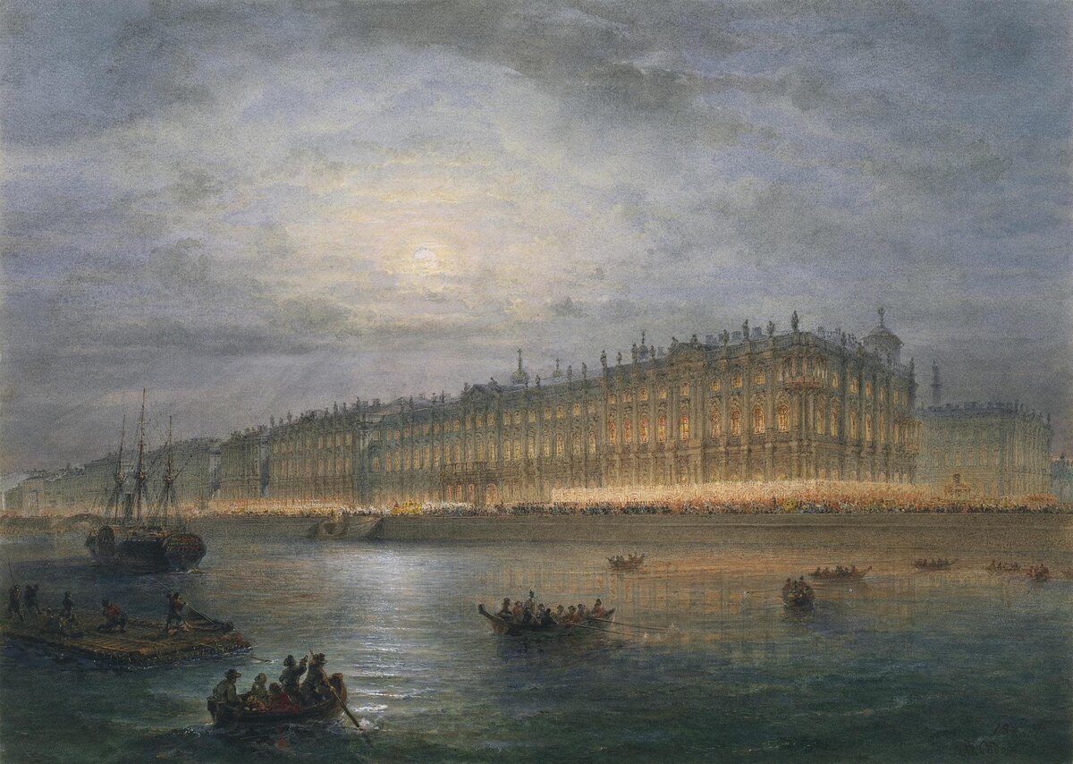 В.С.Садовников: Вид Зимнего Дворца с набережной Невы при иллюминации