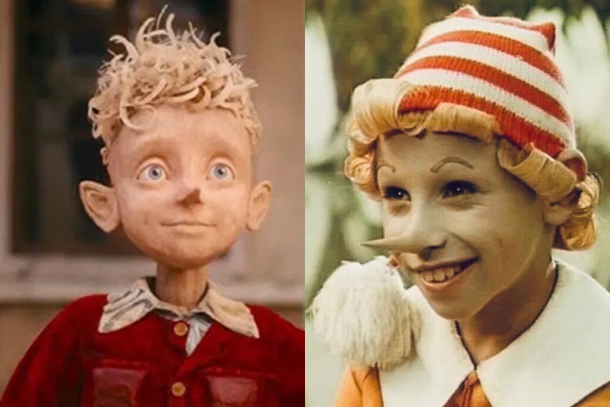 Кадры из фильмов «Буратино» (2025) и «Приключения Буратино» (1975). В новом фильме прообразом деревянного человечка стал сын режиссера Игоря Волошина. Он хотел, чтобы в этом персонаже сочеталось несколько образов: сам режиссер, его сын и юная актриса Виталия Корниенко (коллаж автора статьи, фото из свободных источников).
