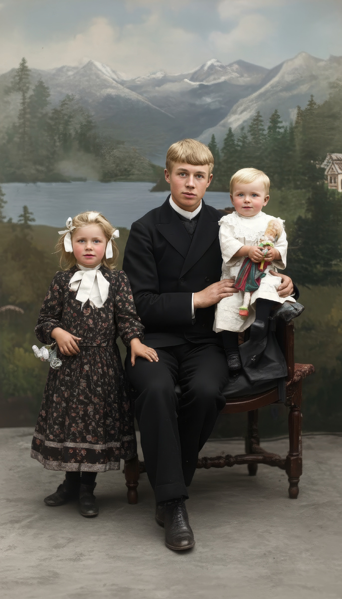 Сергей Есенин с сестрами Екатериной и Александрой (Шурой), 1912⁠⁠