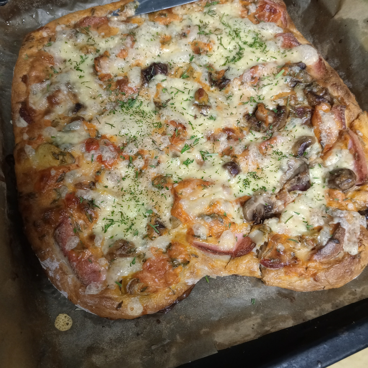 Одна из пицц, последняя. Немного не хватило сыра. Фото автора Занозонька и тд. Темные пятна , это ножки и шляпки грибочков, они не пригорели)