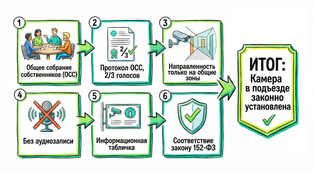    Соблюдение всех шести обязательных шагов гарантирует законность установки системы видеонаблюдения в многоквартирном доме