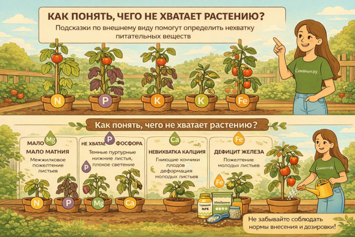 Распознавание дефицита питательных веществ — ключ к здоровым растениям. Эксперты Семяныч.ру рекомендуют сочетать качественные семена с правильным питанием для уверенного роста и богатого урожая.