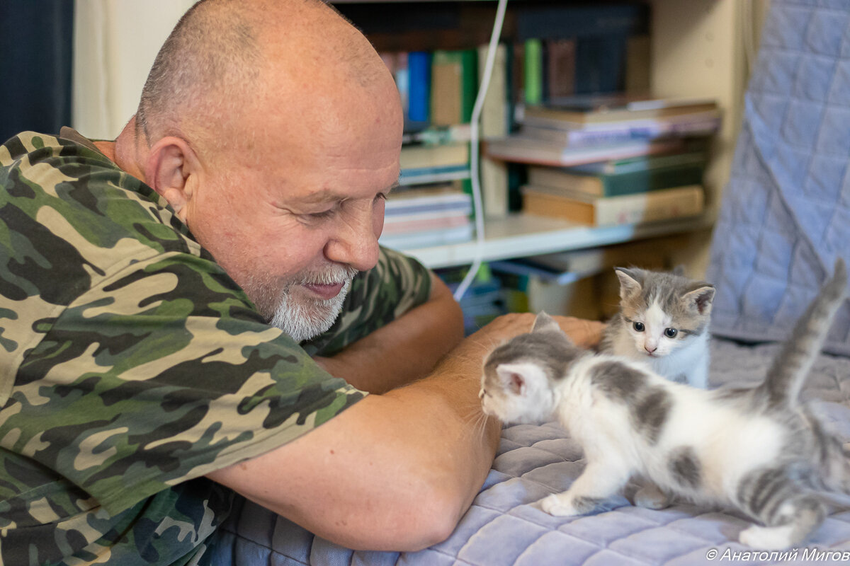Толя с котятами Кокошкой и её сестричкой Федей.
