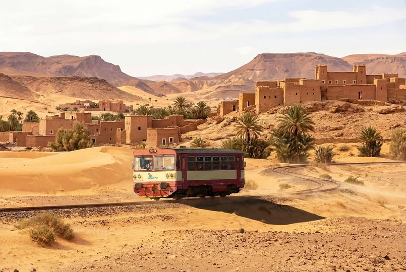 "Дизелек" номер 810.100 в качестве пассажирского поезда B206/07 (Сиди-Бель-Аббес - Тлемсен) около станции Тлемсен, на фоне живописной деревни Айн-Фецца, 18 февраля 2025 года, фото  Lukáš Hanzlík