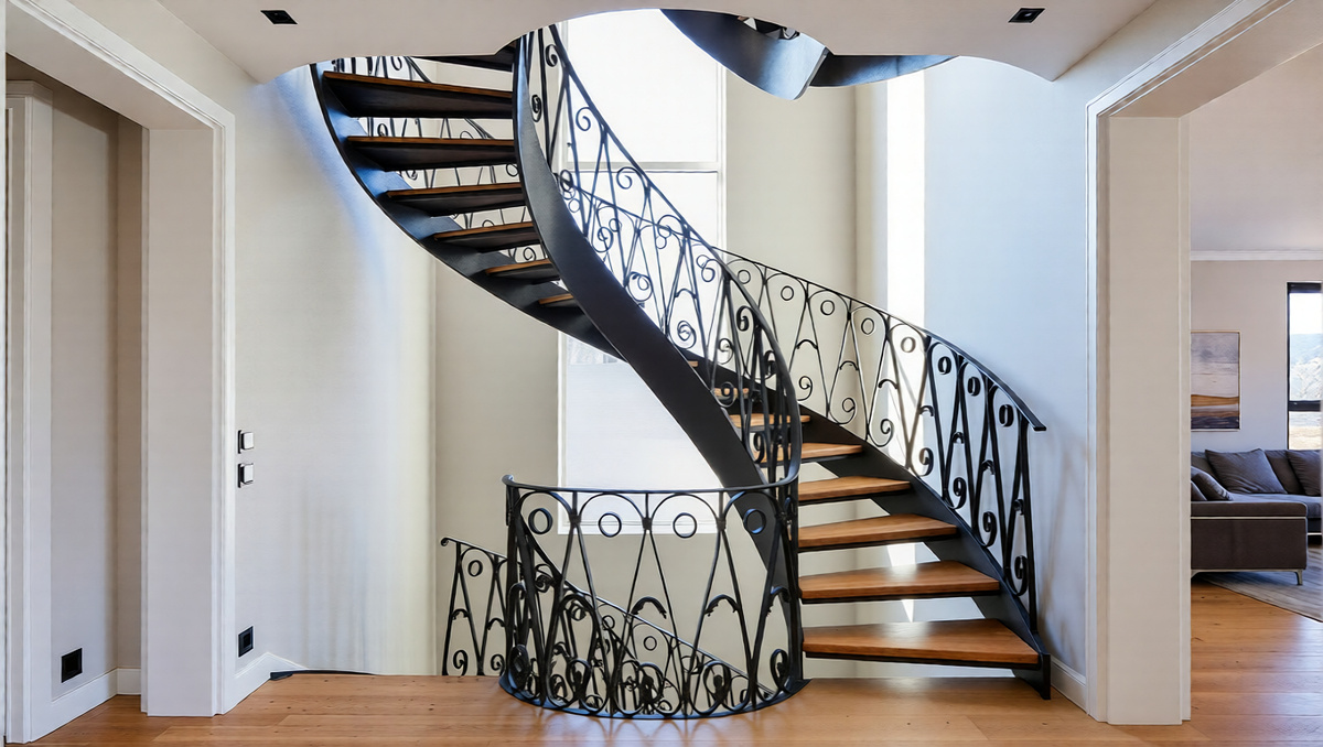 Винтовая кованая лестница из черного металла с элементами художественной ковки в частном доме. Дизайн в современном стиле с резными балясинами и деревянными ступенями. Работа мастерской Forged Aura.