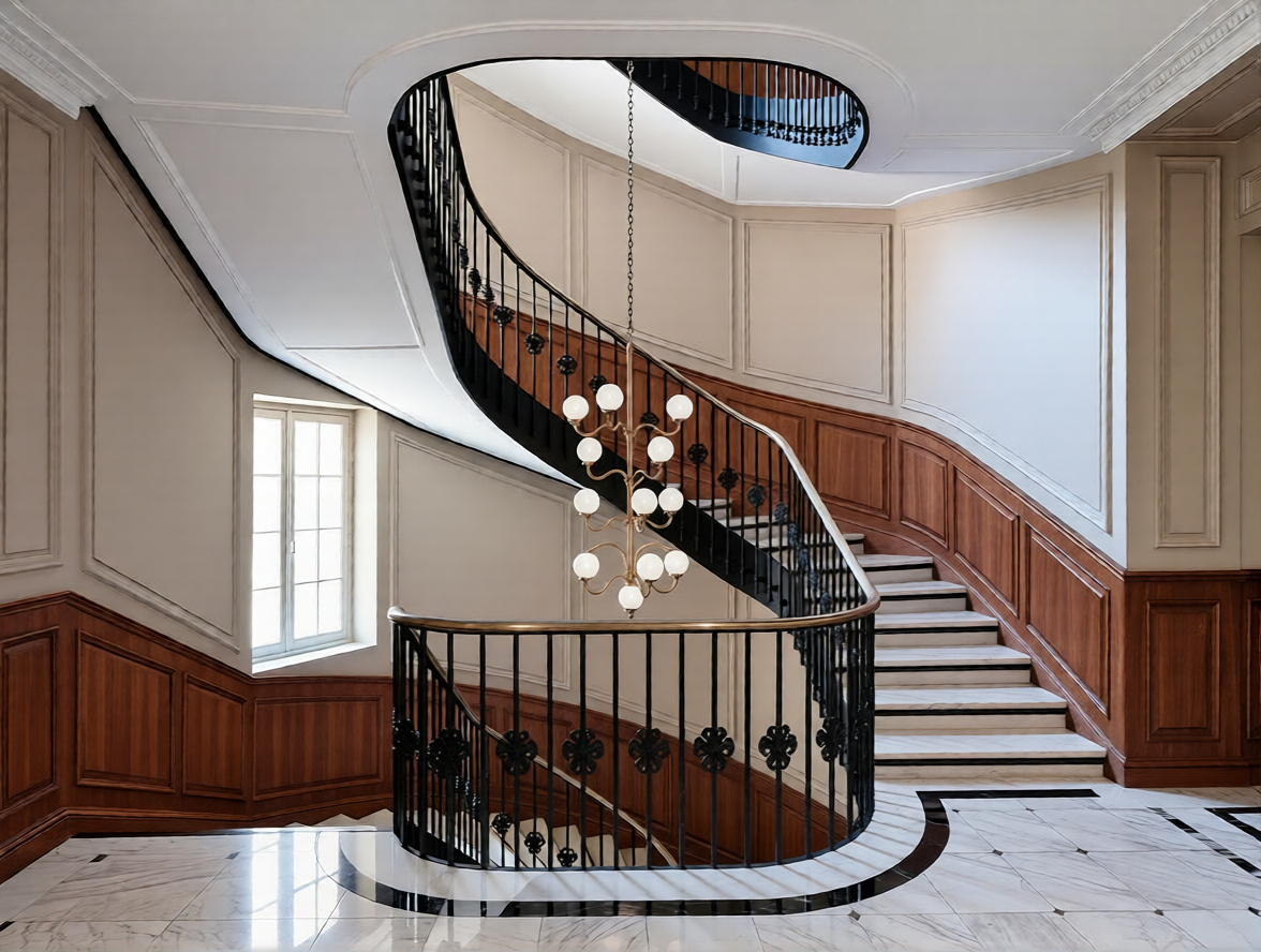 Г-образная лестница с поворотом из металла в классическом стиле. Элегантная конструкция с промежуточной площадкой, черный металл и деревянные ступени. Работа мастерской Forged Aura.