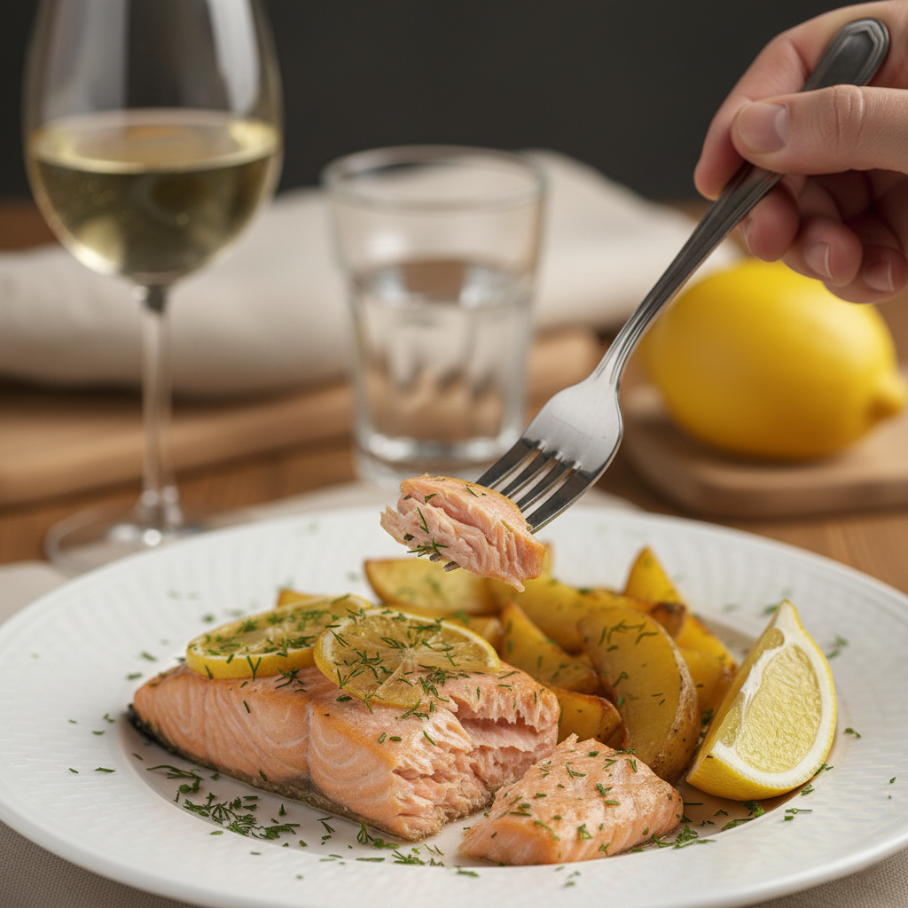 Рыбное филе, запеченное с лимоном и укропом, с хрустящим картофелем