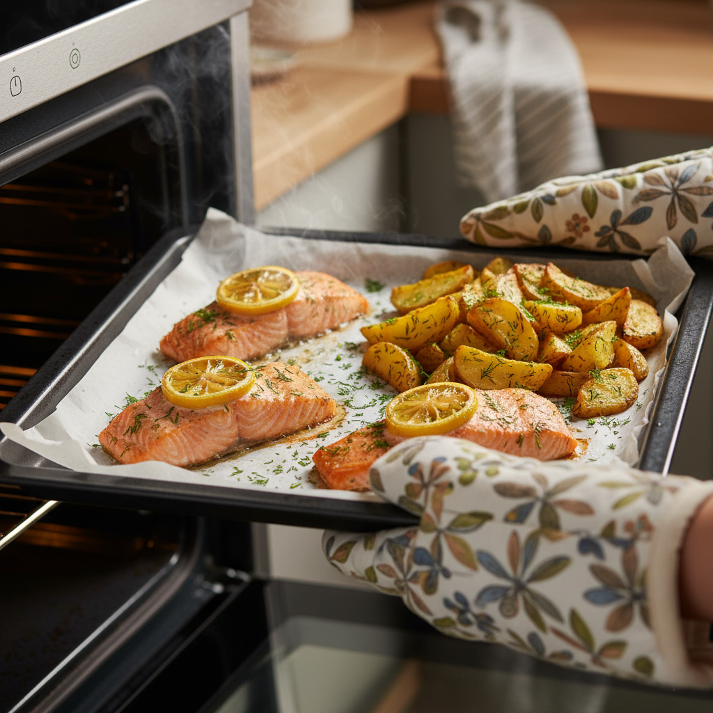 Рыбное филе, запеченное с лимоном и укропом, с хрустящим картофелем