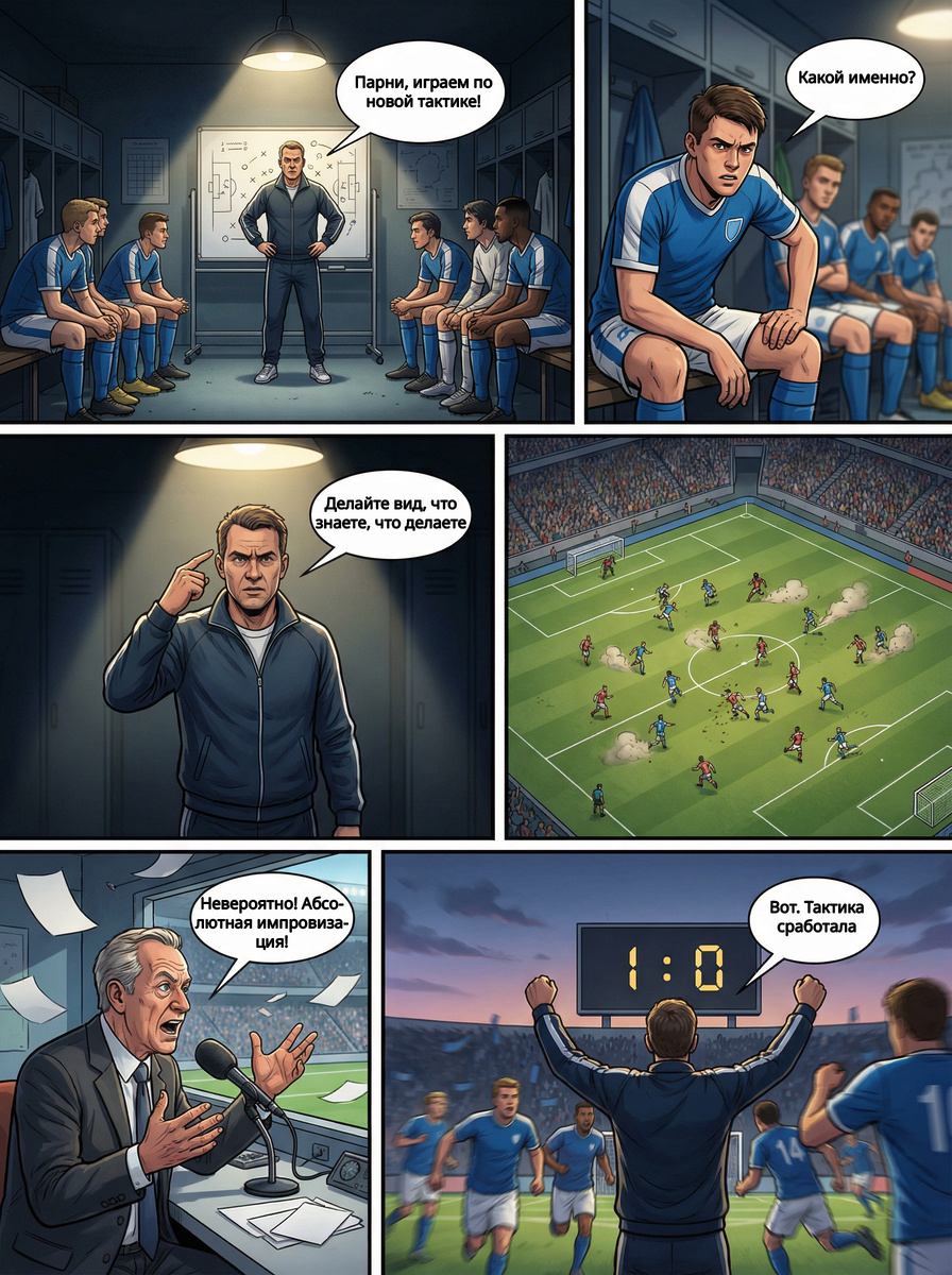 Тренер обещает новую гениальную тактику, но объясняет её так, будто и сам не до конца понимает.
Игроки выходят на поле, полагаясь на интуицию, хаос и чистую импровизацию — и вдруг происходит чудо.
Ироничный мини-комикс о футболе, где иногда побеждает не план, а уверенный вид, что план точно был.