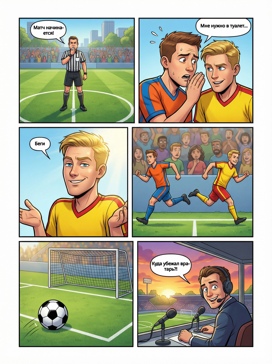 Матч только начинается, трибуны ревут — и вдруг один из игроков признаётся в крайне срочной проблеме.
Решение принимается мгновенно, логики в нём мало, зато скорости — хоть отбавляй.
Юмористический мини-комикс о футболе, где бегство с поля может оказаться самой неожиданной тактикой, а комментатору остаётся лишь гадать, что вообще происходит.