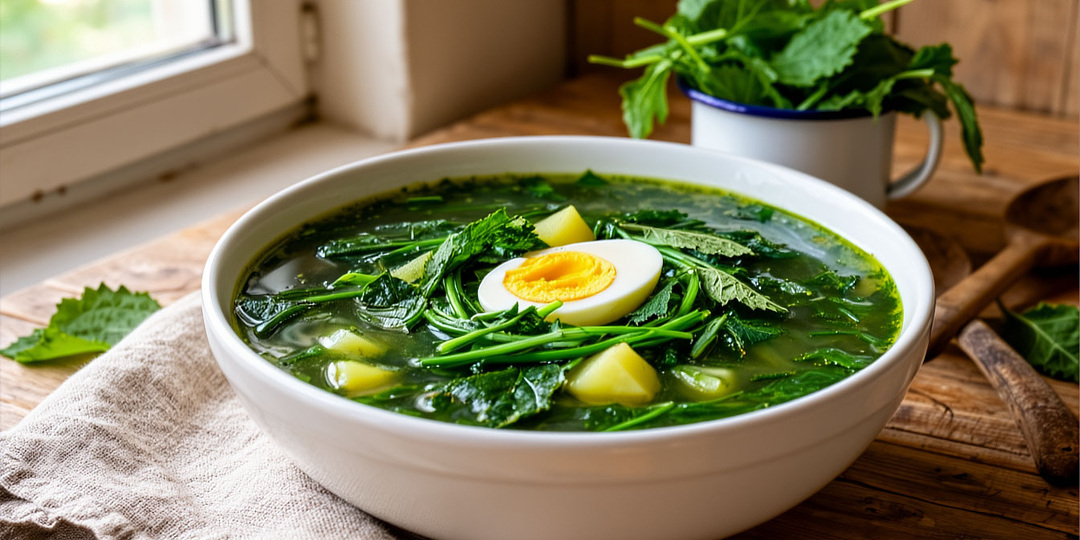 🌿 Зелёный борщ по-кубански: как варили в станице Калиновской в 1953 г. — на щавеле, крапиве и яйце, без свёклы и мяса.