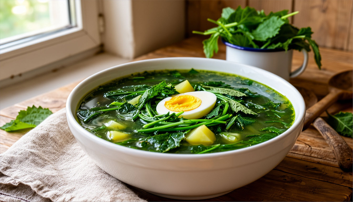 🌿 Зелёный борщ по-кубански: как варили в станице Калиновской в 1953 г. — на щавеле, крапиве и яйце, без свёклы и мяса. 