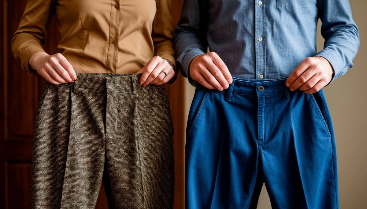 А я ведь просила Шедеврум так и нарисовать - две пары  штанов на двоих в одной семье. Так, по заказу и вышло, только цвет разый. Ну, где здесь разный пол, Шедеврум понял правильно - это просто пара.