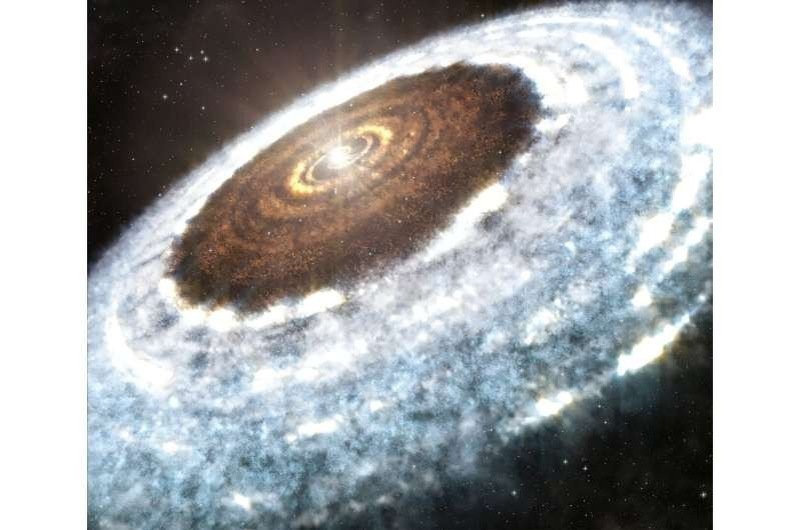    На этой иллюстрации художника изображена линия замерзания воды вокруг молодой звезды. Размер частиц пыли в протопланетном диске влияет на расположение линий замерзания различных молекул. Фото: Институт астрономии Гавайского университета.