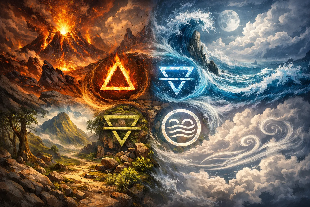 Четыре стихии: огонь, вода, воздух, земля.