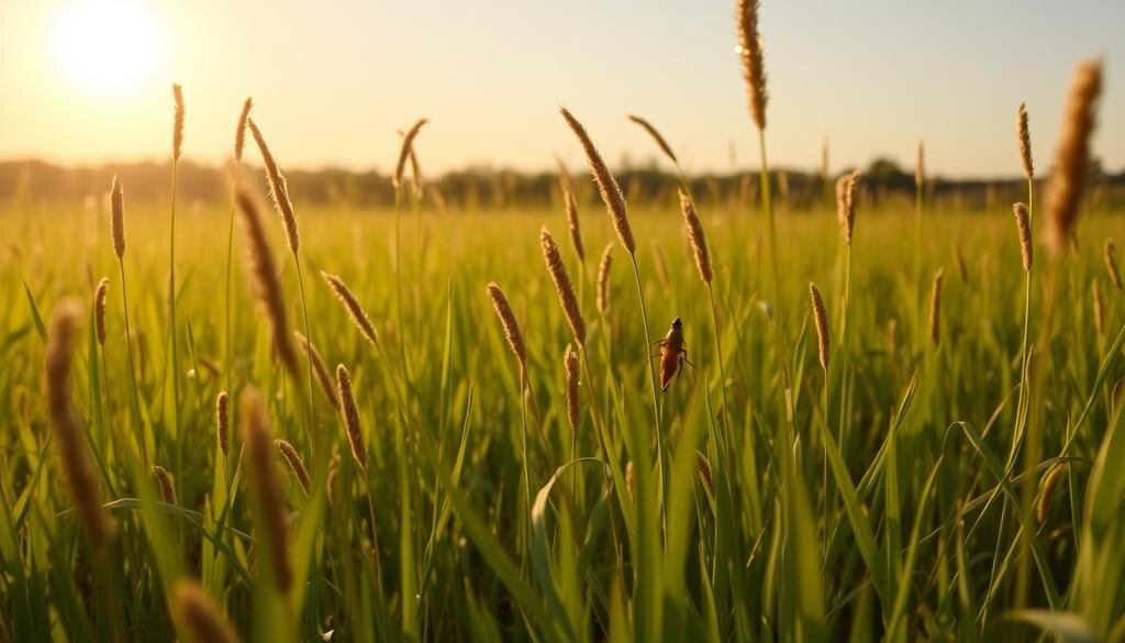    Изображение с природой в фоне, где видны сверчки, находящиеся на траве, создающие атмосферу наблюдения за температурой.