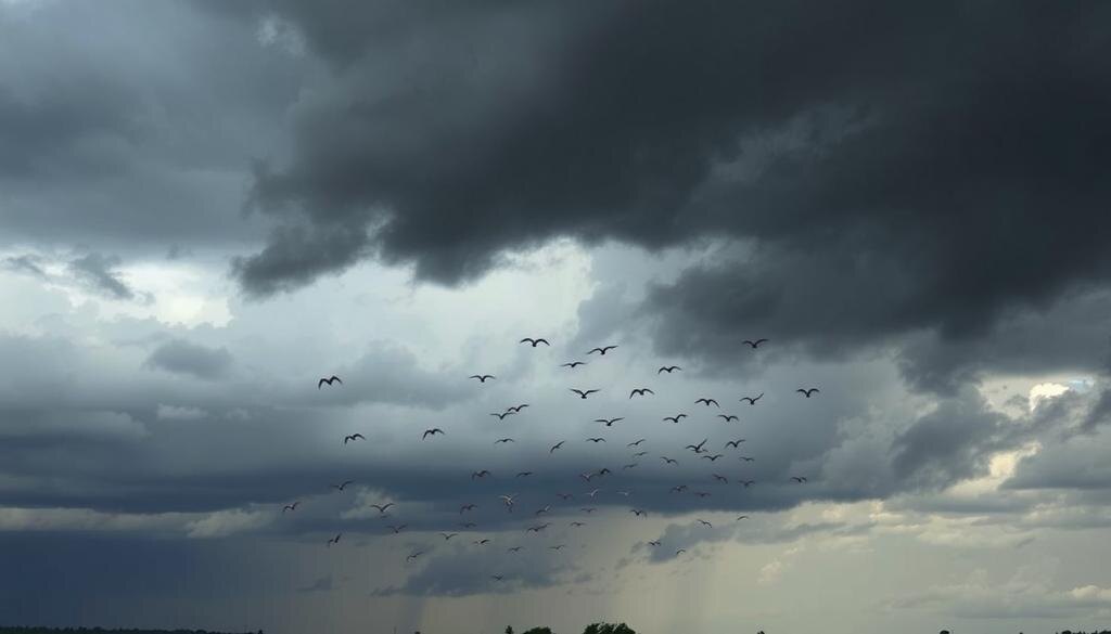    Изображение группы низколетящих птиц, парящих над землей перед бурей, с темными облаками на горизонте.
