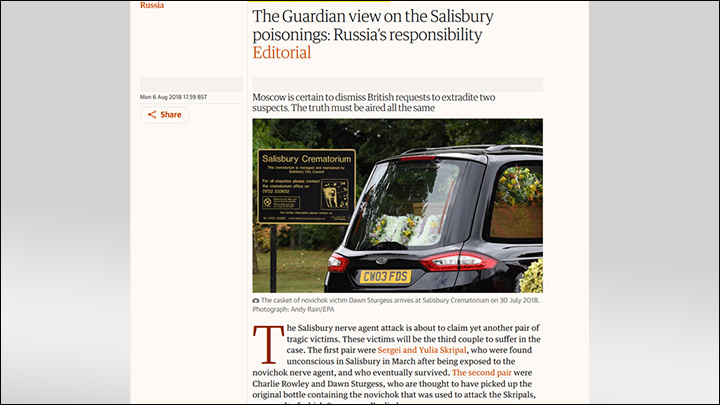    Британские СМИ требовали, чтобы Москва "признала вину за отравление в Солсбери". Скриншот: The Guardian