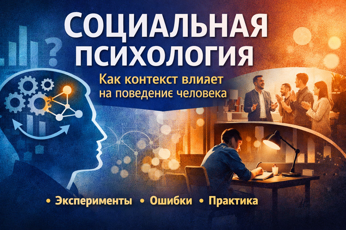Иллюстрация к статье о социальной психологии: человек и группа людей на контрастном фоне, визуально показывающем влияние социального контекста на поведение.