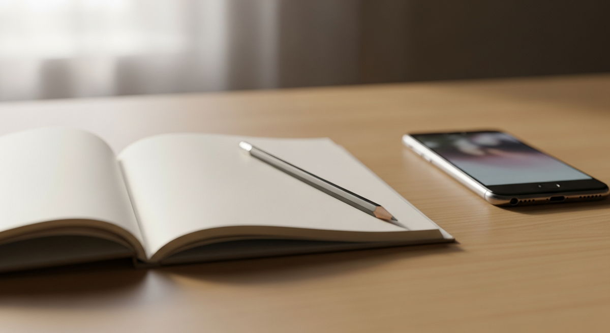 Чистый блокнот и карандаш, рядом размытый экран телефона.