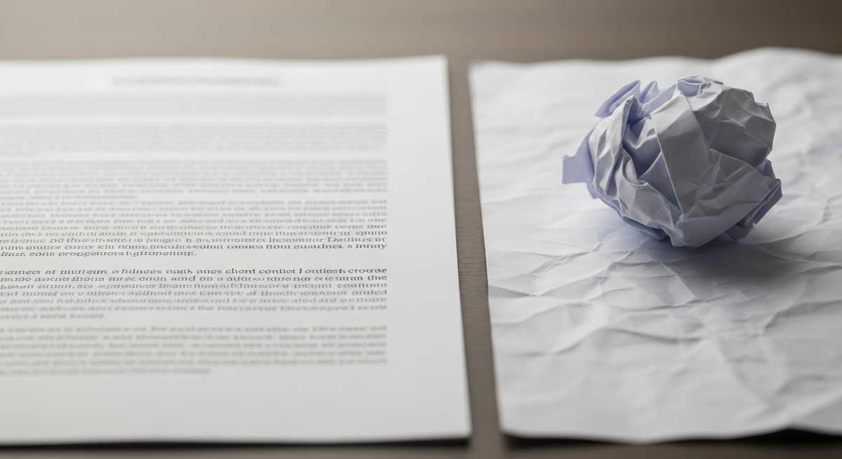 Ровная печатная страница и рядом смятый черновик без читаемых слов.