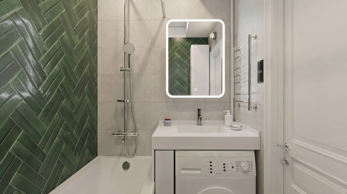 Новое решение ванной комнаты на сочетании зеленой и светло-серой плитки