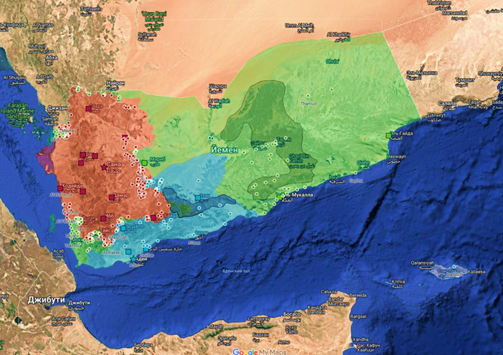 Расколотый Йемен: коричневый цвет – хуситы, зелёный – силы Президентского совета (Саудовская Аравия), синий – южные сепаратисты (ОАЭ)