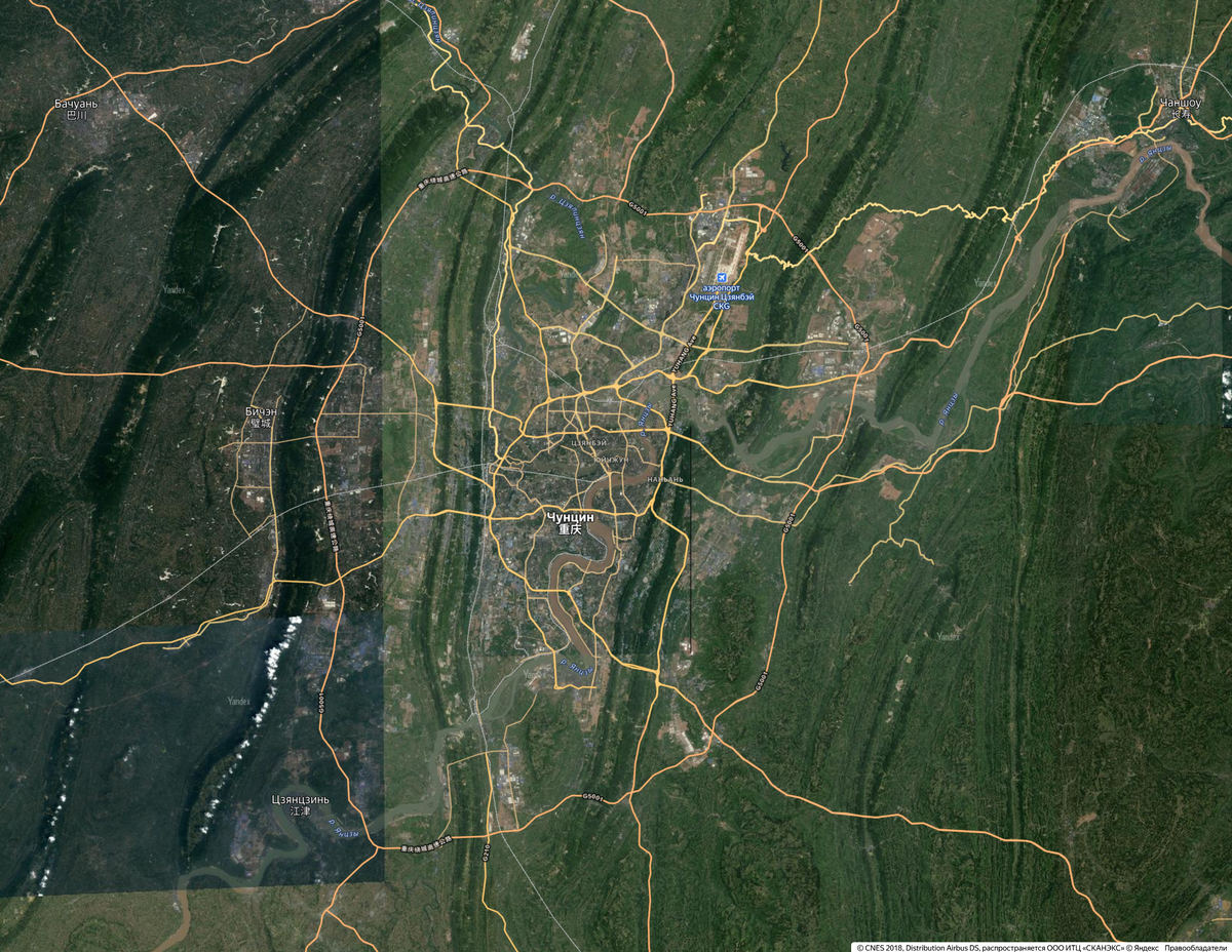 Город Чунцин со спутника, Яндекс Карты