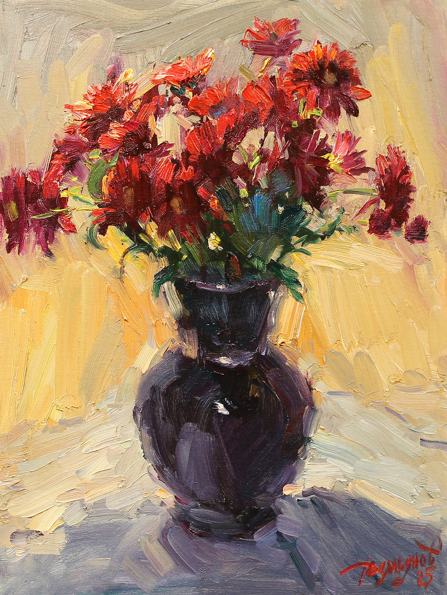 «Новые хризантемы», холст на картоне, масло, 45 х 35, 2025 г.