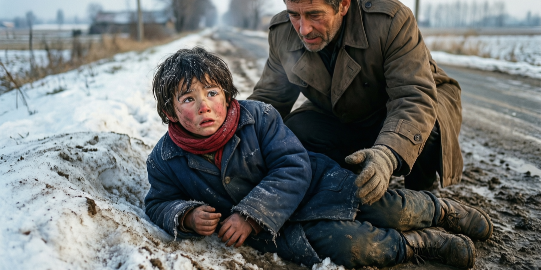 Мальчик лежал в снегу и грязи, когда мужчина выдался помочь ему, мальчик не мог подняться