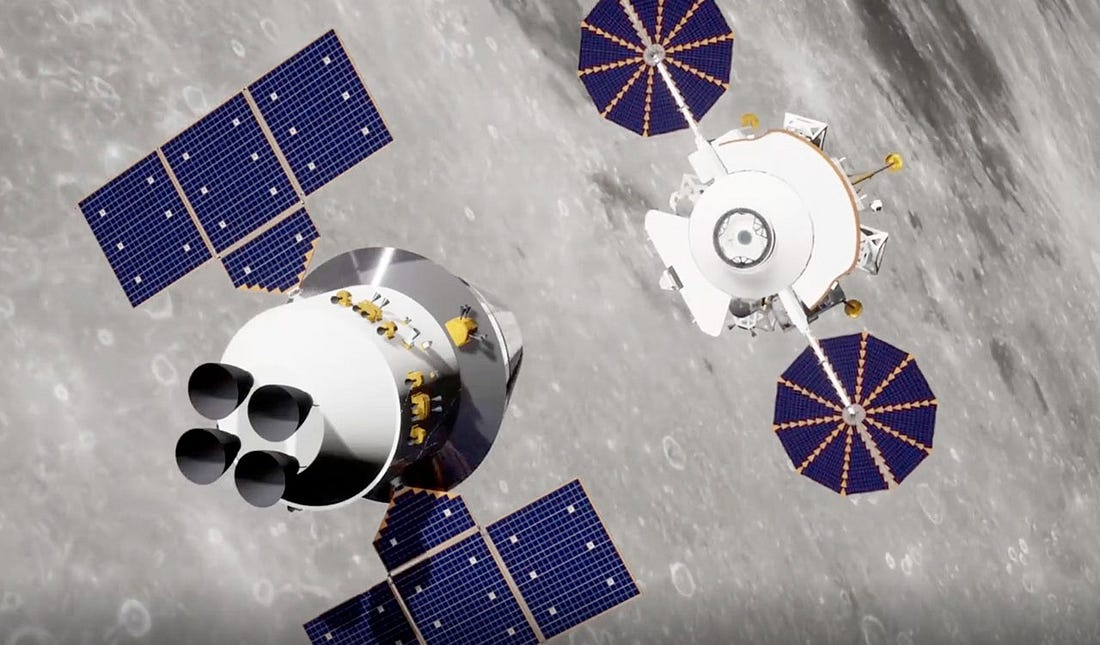 Изображение лунного посадочного модуля «Ланьюэ», приближающегося к пилотируемой капсуле «Мэнчжоу» на низкой орбите вокруг Луны после высадки на поверхность. China in Space
