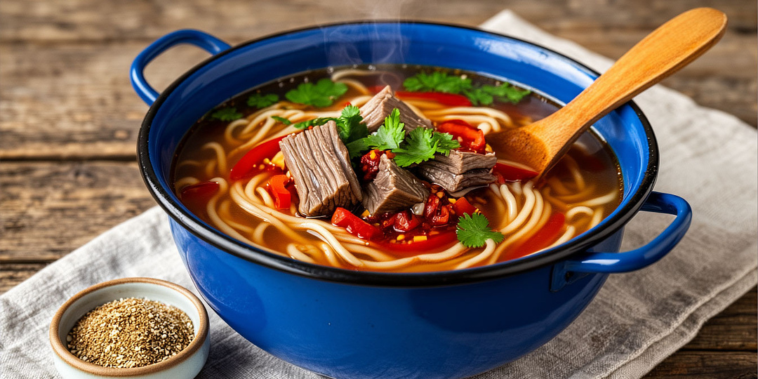 🍜 «Лагман домашний» без вытяжки теста: как его делали в сёлах Кыргызстана — на обычной лапше + аджике из помидоров.