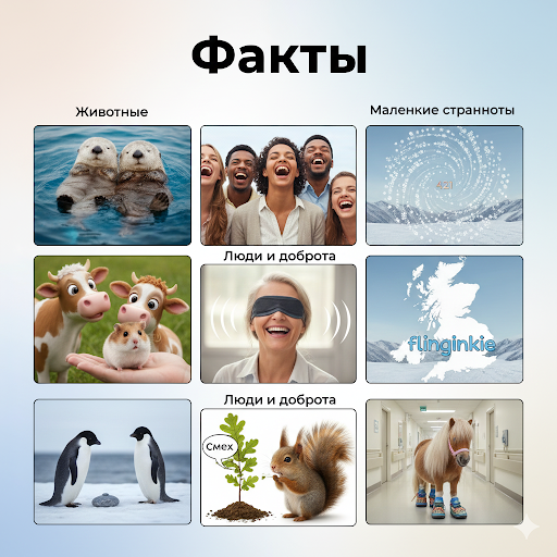 После порции скучных фактов пора поднять настроение! Вот несколько фактов, от которых на душе становится чуточку теплее и веселее:
Про животных (они просто лучшие)
• Выдры держатся за лапки, когда спят. Они делают это для того, чтобы их не унесло течением друг от друга. У них даже есть специальные «кармашки» в коже, где они хранят свой любимый камешек для колки ракушек.
• Коровы умеют заводить лучших друзей. Если их разлучить с «подружкой», они начинают искренне грустить и переживать, а когда снова встречаются — их пульс приходит в норму.
• Крысы и хомяки умеют смеяться. Если их пощекотать, они издают ультразвуковые сигналы, которые ученые идентифицируют как смех. Они даже могут бегать за рукой исследователя, чтобы их пощекотали еще.
• Пингвины делают предложение. Самцы некоторых видов пингвинов ищут самый идеальный, гладкий камешек, чтобы подарить его самке. Если она принимает подарок, они остаются парой на всю жизнь.
Про людей и доброту
• Смех действительно заразителен. В мозге есть специальные зеркальные нейроны, которые заставляют нас улыбнуться или засмеяться, даже если мы просто видим смеющегося человека.
• Слепые люди улыбаются, хотя никогда не видели улыбку. Это доказывает, что улыбка — это врожденный жест радости, заложенный в нас природой, а не просто привычка.
• Каждый год миллионы деревьев вырастают благодаря белкам. Они просто забывают, где закопали свои орешки. Так что забывчивость белок — это важный вклад в экологию планеты.
Маленькие странности
• У шотландцев есть 421 слово для обозначения снега. Например, «flinginkie» — это легкий снегопад. Согласись, звучит забавно!
• В некоторых странах есть «терапевтические» пони. Эти маленькие лошадки ходят по больницам в специальных кроссовках (чтобы не скользить на кафеле) и навещают пациентов, чтобы те улыбнулись.