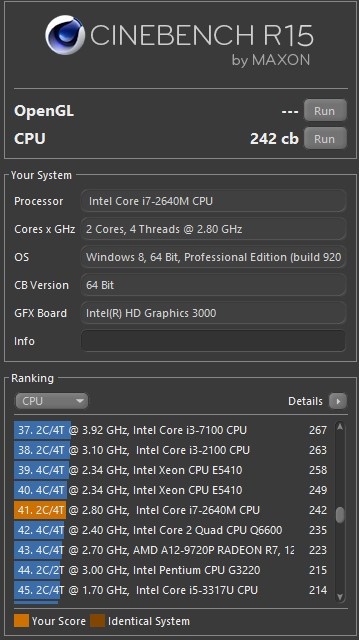 Cinebench 15 тест процессора Intel Core i7-2640M 