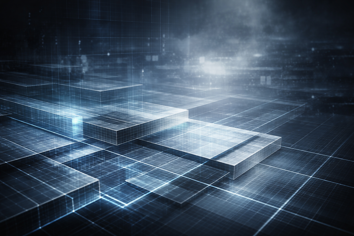 Абстрактная визуализация операционной среды в виде многоуровневой цифровой структуры из прозрачных геометрических слоёв и сеток, символизирующей сегментацию среды и структурный анализ без фокуса на людях.